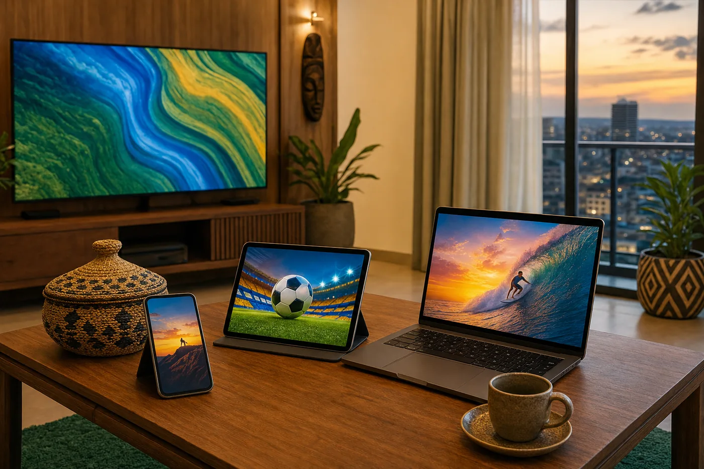 Smart TV, laptop, tablet and smartphone streaming movies, sport and cartoons