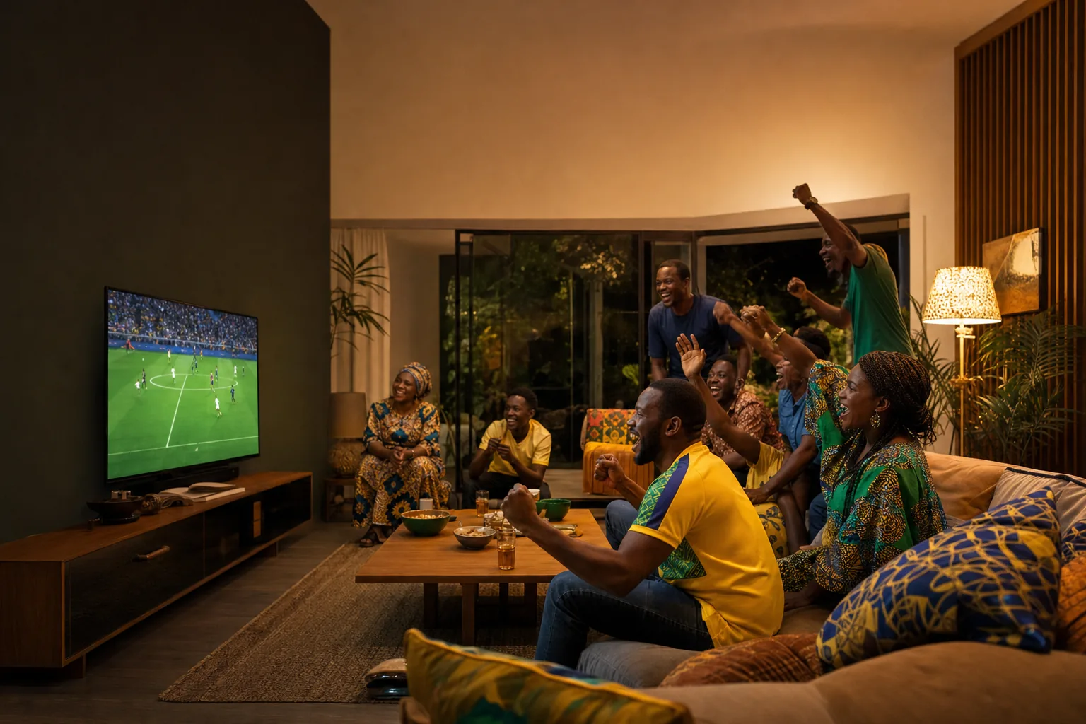 Friends and family cheering at a football match on TV in a Libreville living room